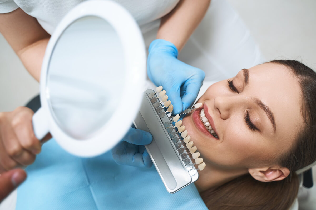 A dentist examining a patient’s smile before dental treatment