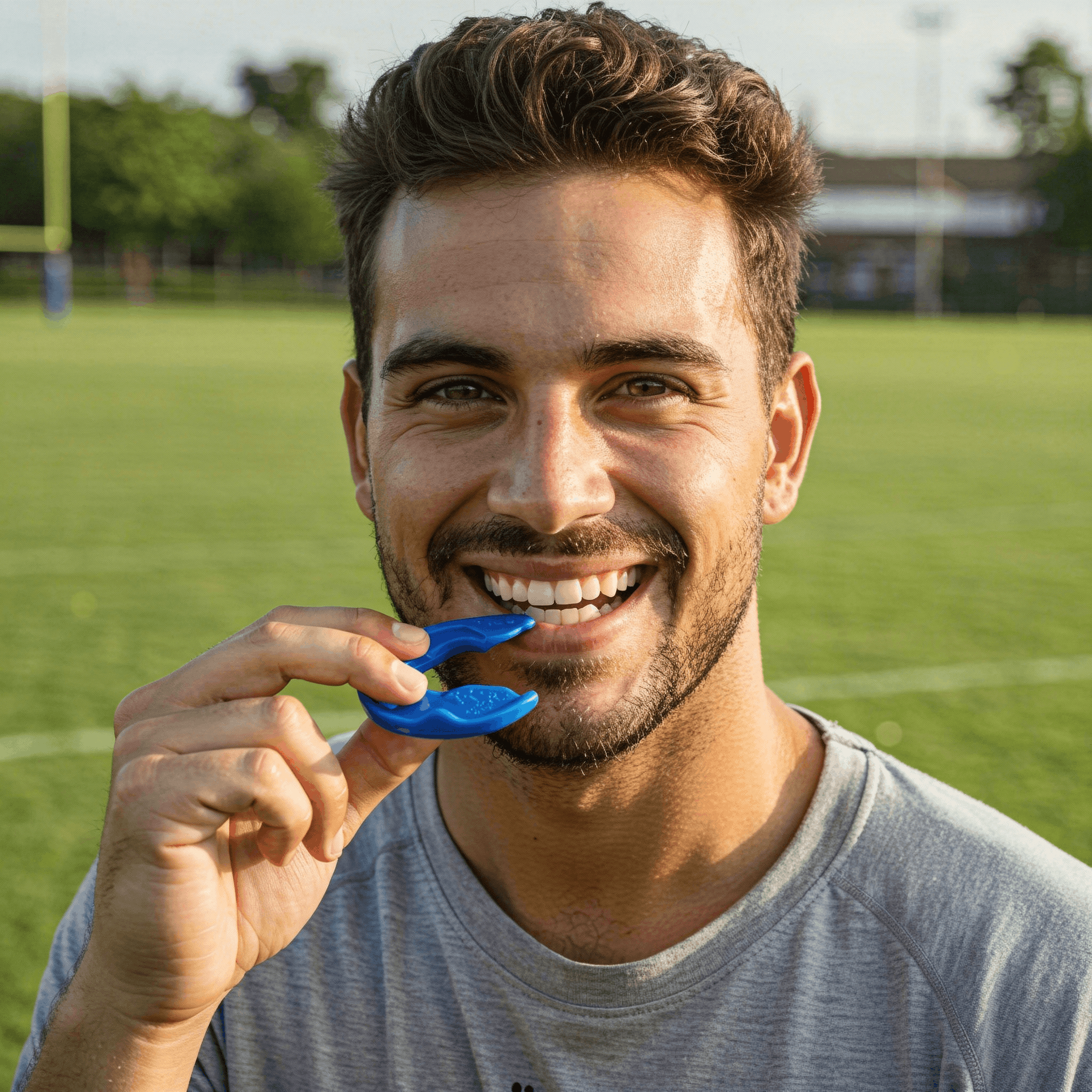 Football player wearing a protective sports mouthguard in Albury during a game